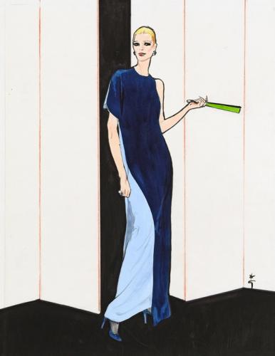 Robe bleue, éventail vert. Projet de mode pour la maison Grès, 1981 René GRUAU
